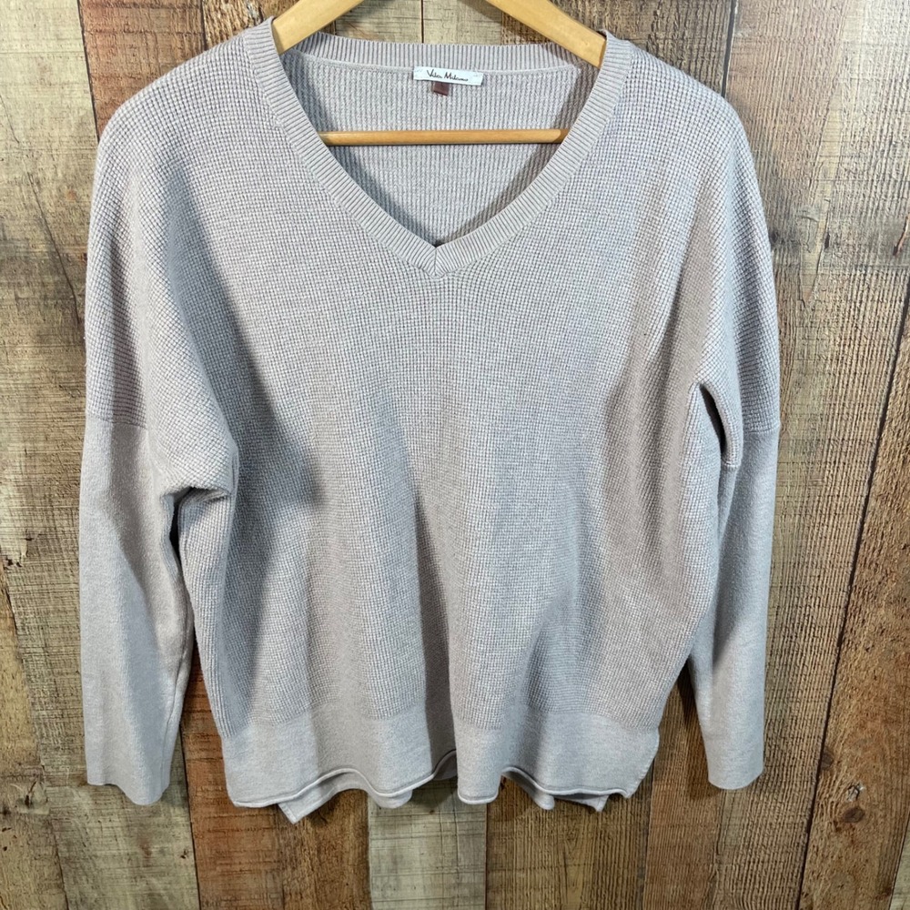 Vila Milano Waffle Knit Sweater Large V-Neck Drop Shoulder Slouchy Greige